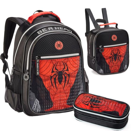 KIT MOCHILA COM LANCHEIRA E ESTOJO SPIDER DARK ARANHA SPIDER DENLEX