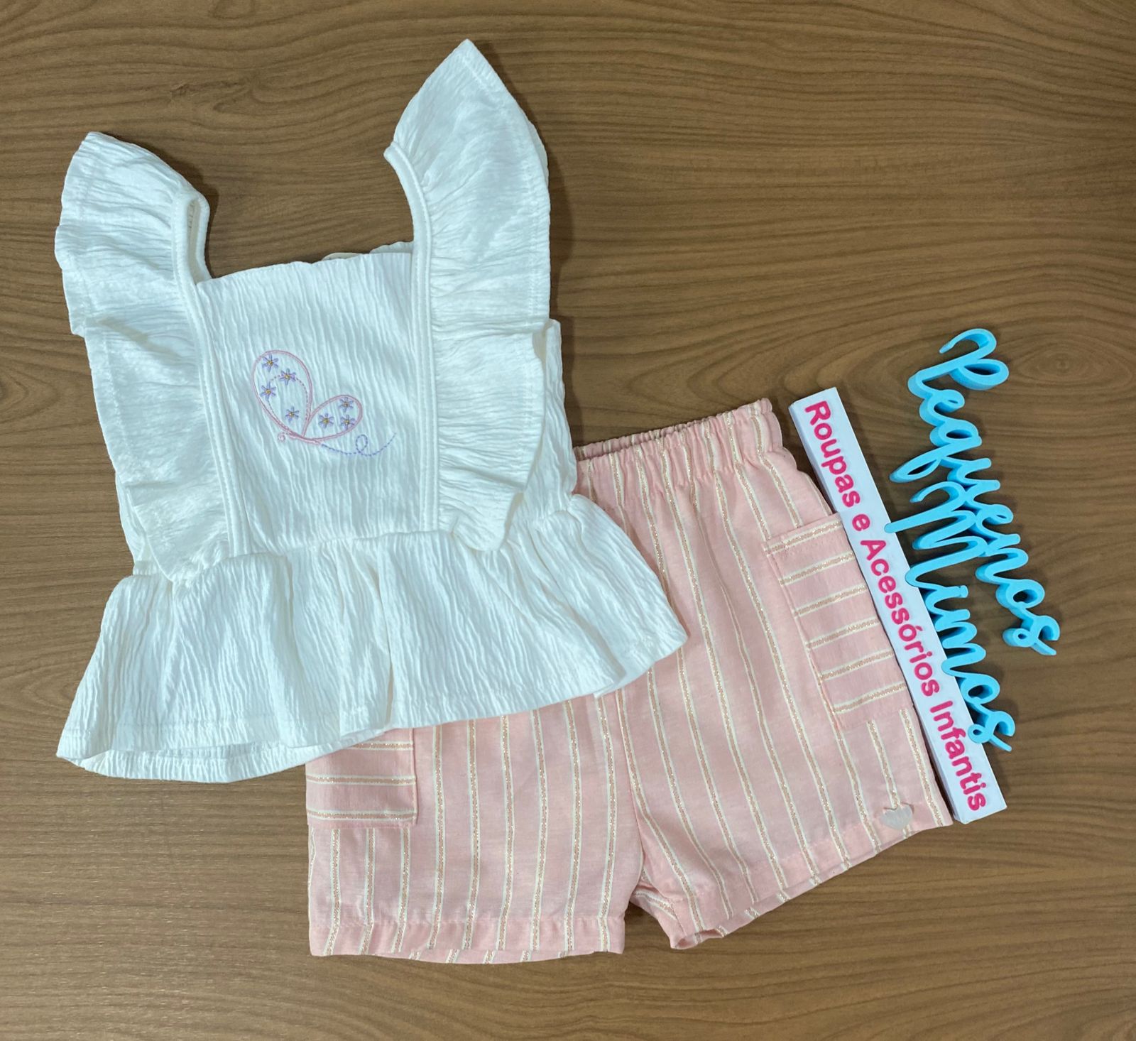 CONJUNTO BATA E SHORT KUKIE BABY BORBOLETA ROSA