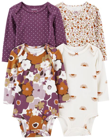 KIT BODY CARTERS 4 PEÇAS MANGA LONGA MENINA FLORAL LILÁS