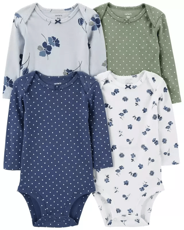 KIT BODY CARTERS MANGA LONGA MENINA FLORAL AZUL