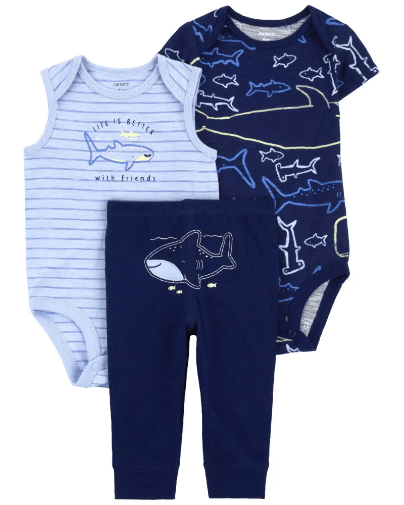 CONJUNTO 3 PEÇAS CARTERS MENINO AZUL BALEIA