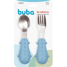 KIT TALHERES SILICONE E ACO INOXIDAVEL DINO AZUL BUBA