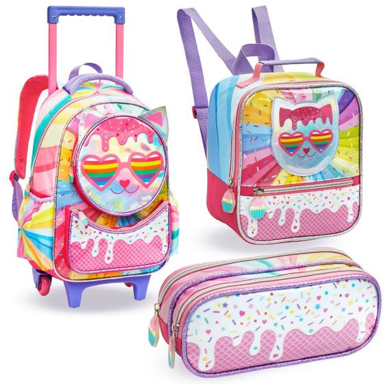 KIT MOCHILA COM LANCHEIRA E ESTOJO  GATINHA HOLOGRAFICA DENLEX